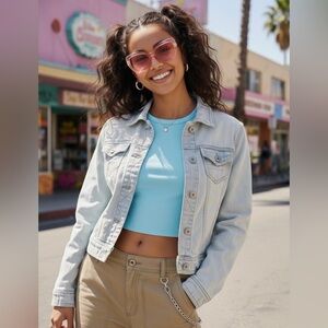 Mudd Y2K Women's Distressed Denim Jacket in Light Blue